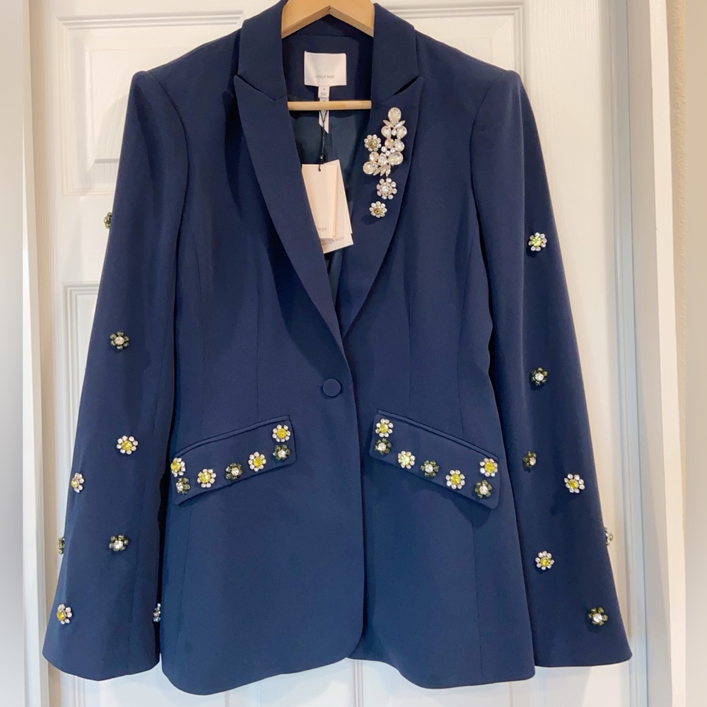 NWT $695 Cinq à Sept Cheyenne Rhinestone Flower Blazer in Navy
